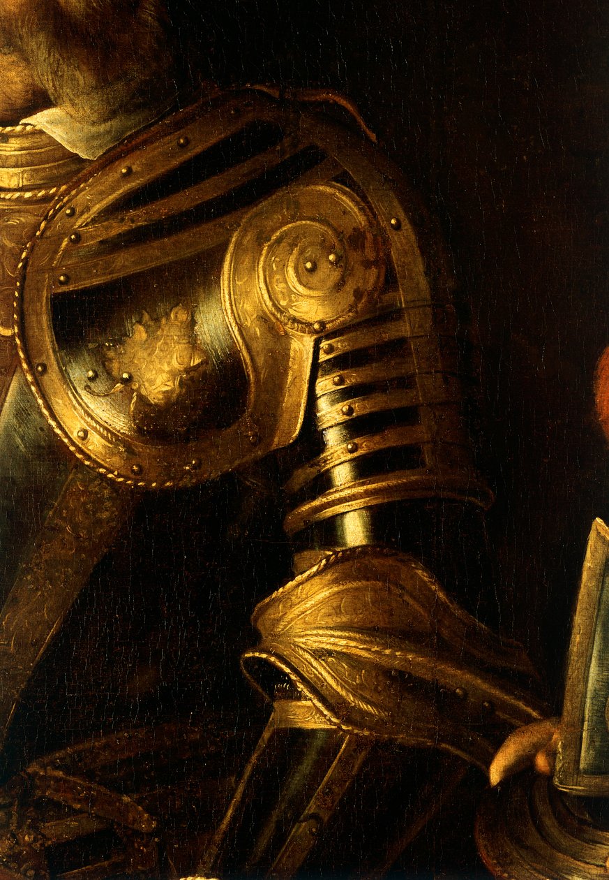 Szczegół portretu Alof de Wignacourt z jego stroną autorstwa Michelangelo Merisi da Caravaggio