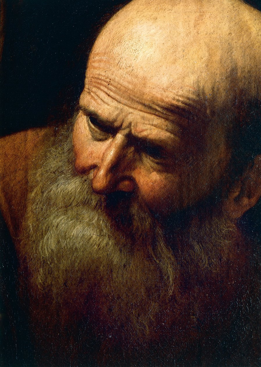 Twarz Abrahama, fragment Ofiary Izaaka, ok. 1603-04 (olej na płótnie) autorstwa Michelangelo Merisi da Caravaggio