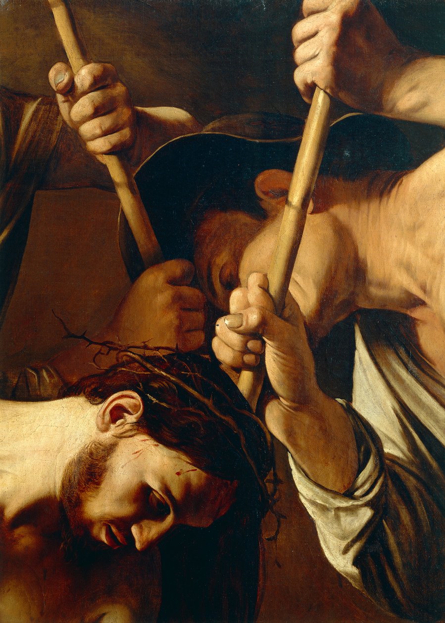 Oblicze Chrystusa, ukoronowanie cierniem, ok. 1603 (olej na płótnie) (detal z 507206) autorstwa Michelangelo Merisi da Caravaggio