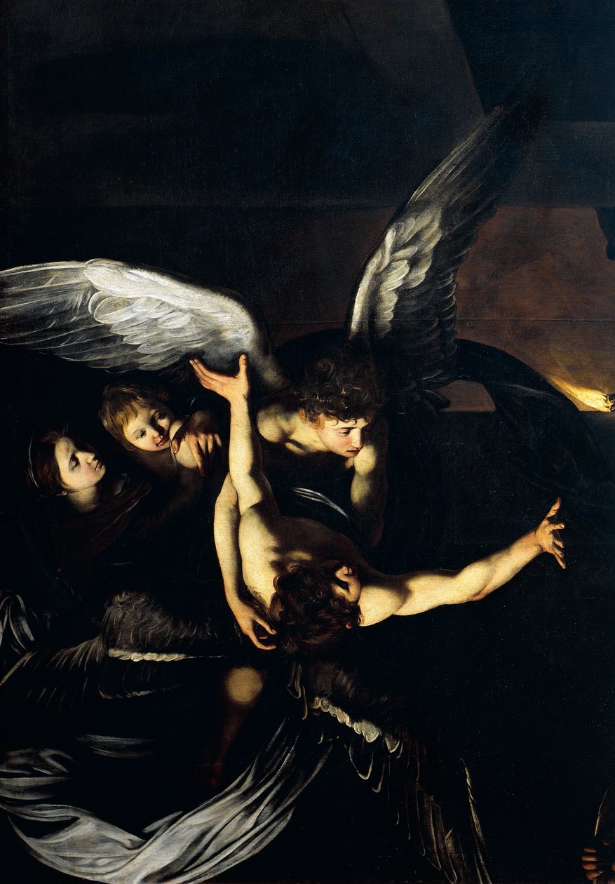 Figury aniołów, fragment z Matki Bożej Miłosiernej lub Siedmiu Aktów Miłosierdzia, ok. 1606-07 (olej na płótnie) autorstwa Michelangelo Merisi da Caravaggio