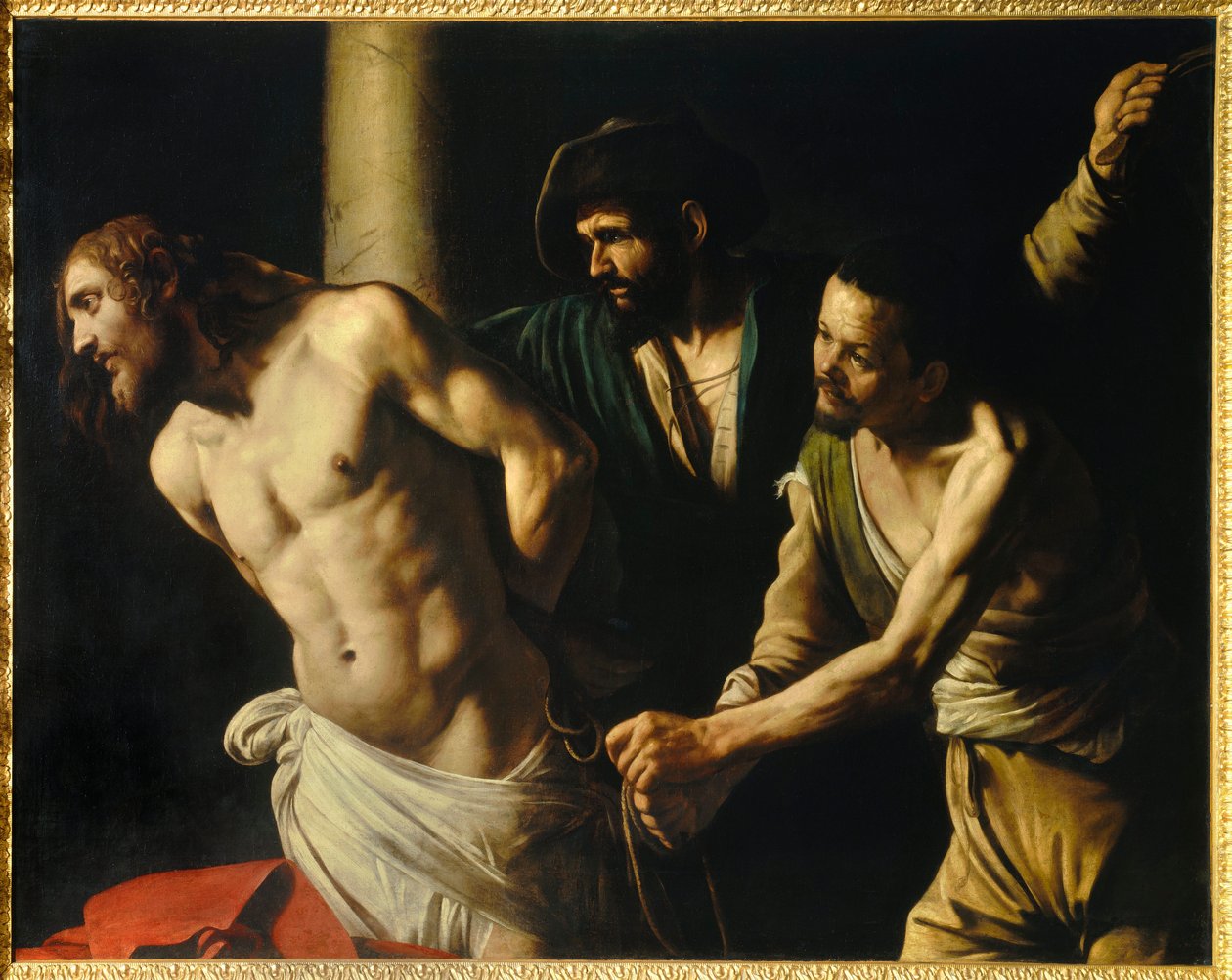 Biczowanie Chrystusa ma kolumnę Obraz Michała Anioła Merisi o nazwie The Caravaggio lub il Caravaggio (1571-1610) 1607 Sun. 1,34x1,75 m Rouen, Muzeum Sztuk Pięknych autorstwa Michelangelo Merisi da Caravaggio