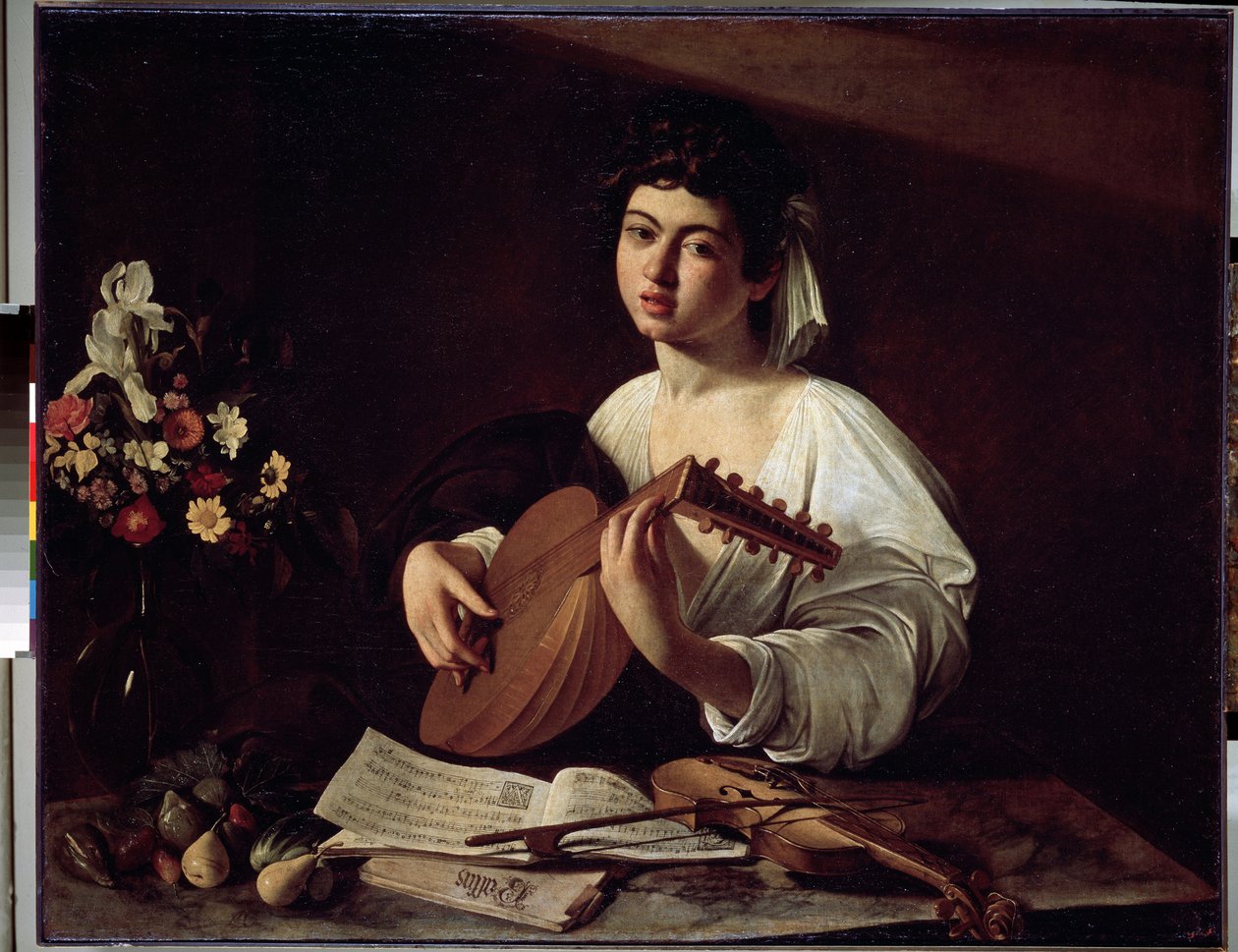 ""Lutnista"" (lutniarz) Obraz Michała Anioła Merisi znany jako Caravaggio (Caravaggio) (1571-1610) ok. 1595 wym. 94x119 cm Ermitaż, Sankt Petersburg. autorstwa Michelangelo Merisi da Caravaggio