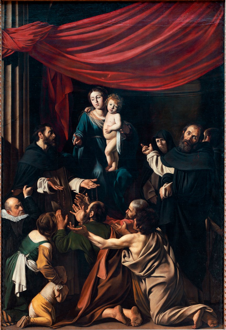 Madonna na Różańcu (olej na płótnie) autorstwa Michelangelo Merisi da Caravaggio