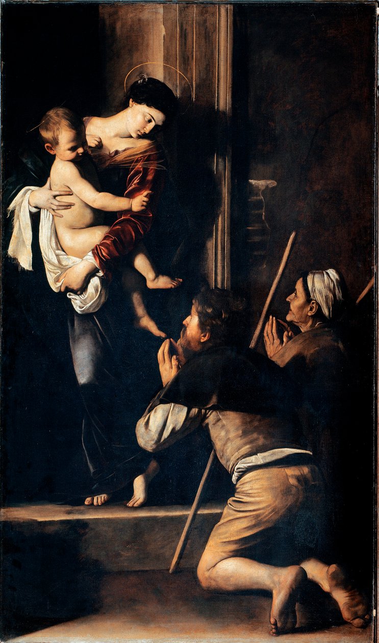 Madonna dei pellegrini znana również jako Madonna z Loreto (Madonna des Pelerins lub Madonna de Lorette). Obraz Michelangelo Merisi dit Il Caravaggio (The Caravaggio) (1571-1610) 1603-1605 Wymiary 260x150 cm Rzym, kościół Sant 