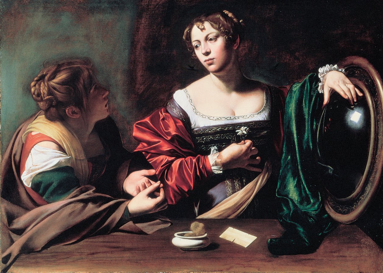 ""Martha and Maria Magdalena"" Obraz Michała Anioła Merisi znany jako Caravaggio lub il Caravaggio (1571-1610) ok. 1598 Wymiary 100x134,5 cm Detroit Institute of Art autorstwa Michelangelo Merisi da Caravaggio