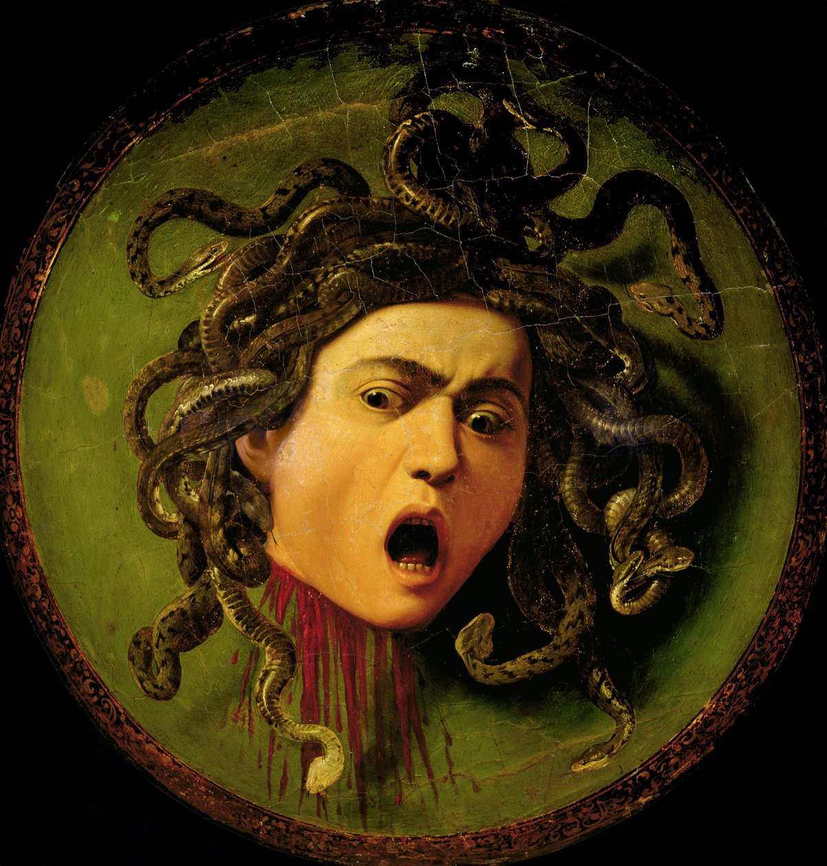 Meduza, namalowana na skórzanej tarczy, ok. 1596-98 (olej na płótnie przymocowanym do drewna) (przed renowacją) autorstwa Michelangelo Merisi da Caravaggio