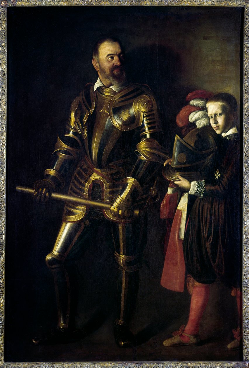 Portret u stóp Alof de Wignacourt (1547-1622) Wielkiego Mistrza Zakonu Maltańskiego w latach 1601-1622 i jego strona Obraz Michelangelo Merisi dit Le Caravaggio ou il Caravaggio (1571-1610) 1608 Nd. 1,94x1,34 m² autorstwa Michelangelo Merisi da Caravaggio