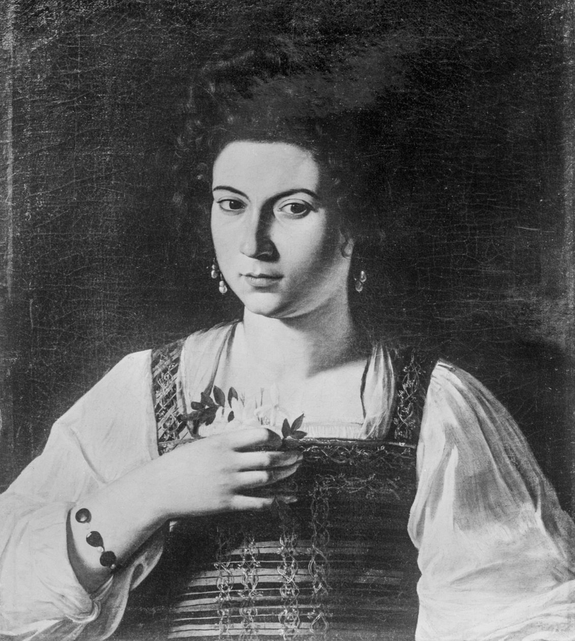 Portret kurtyzany (znany również jako Portret Fillide) (zniszczone dzieło sztuki), ok. 1590 (olej na płótnie) autorstwa Michelangelo Merisi da Caravaggio