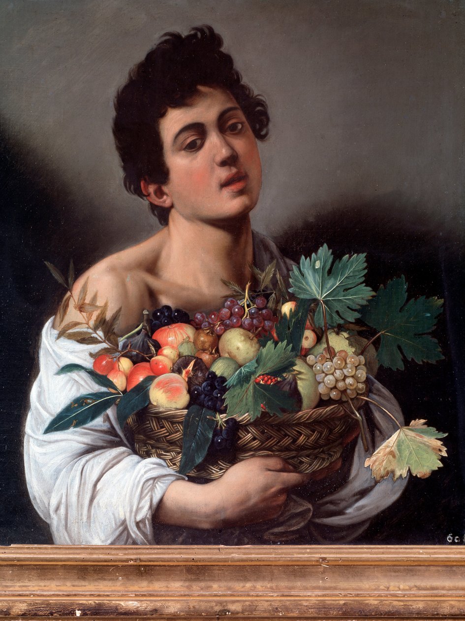 Portret młodego mężczyzny z koszem owoców lub owocnika. Detal (malarstwo autorstwa Michelangelo Merisi da Caravaggio