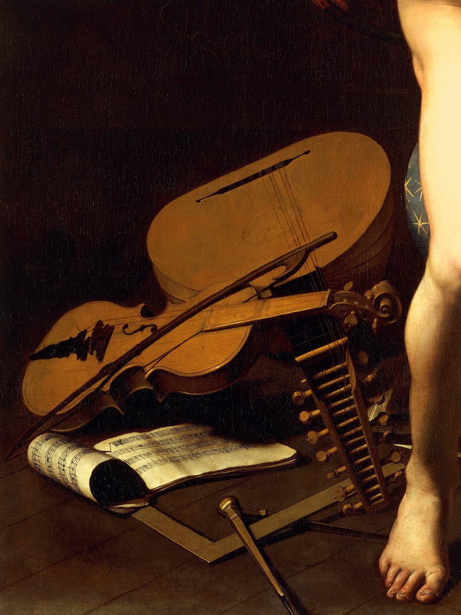 Przedstawienie instrumentów muzycznych, fragment Amor Victorious, ok. 1602 (olej na płótnie) autorstwa Michelangelo Merisi da Caravaggio