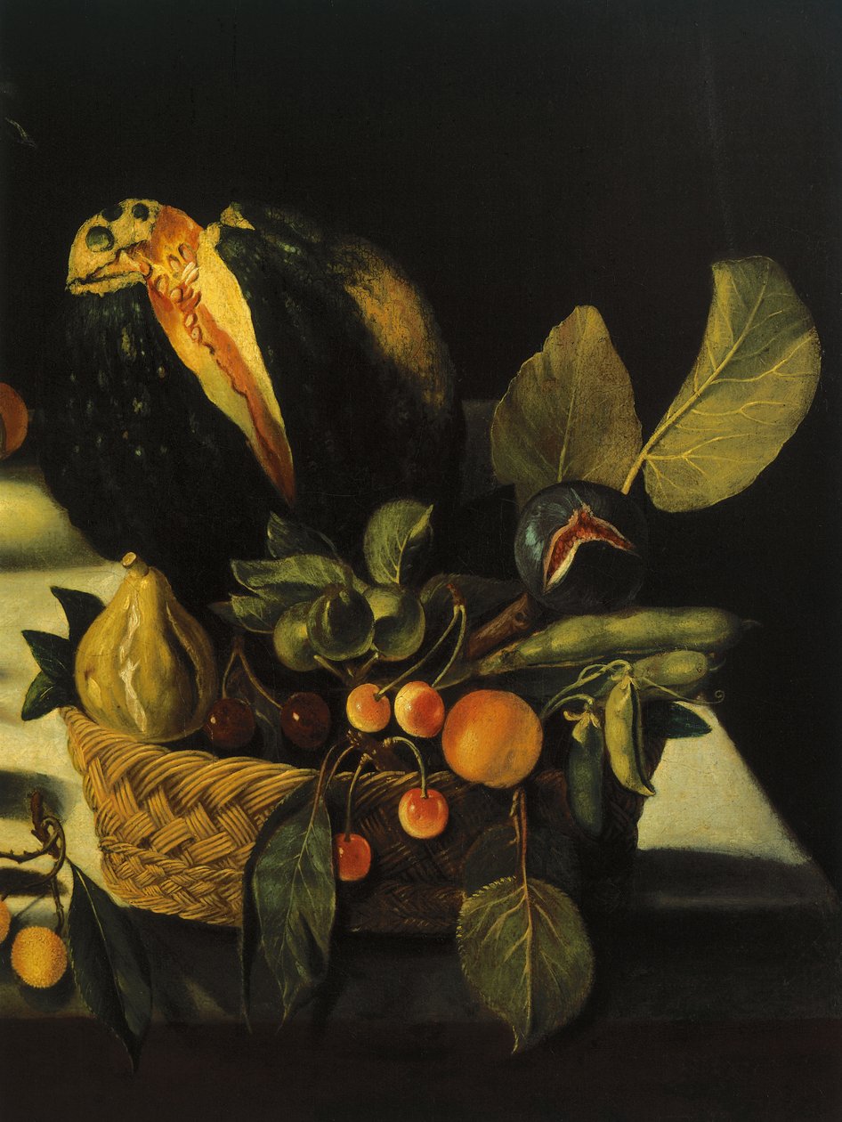 Martwa natura z kwiatami i owocami, Master of the Hartford Still Life, ok. 1600-10 (olej na płótnie) (detal 507174) autorstwa Michelangelo Merisi da Caravaggio