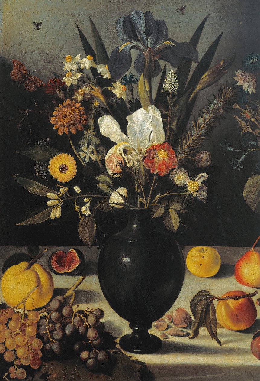 Martwa natura z kwiatami i owocami, Master of the Hartford Still Life, ok. 1600-10 (olej na płótnie) (detal 507174) autorstwa Michelangelo Merisi da Caravaggio