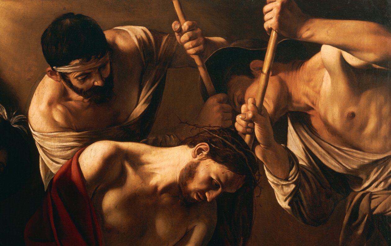 Ukoronowanie cierniem, ok. 1603 (olej na płótnie) (detal z 507206) autorstwa Michelangelo Merisi da Caravaggio