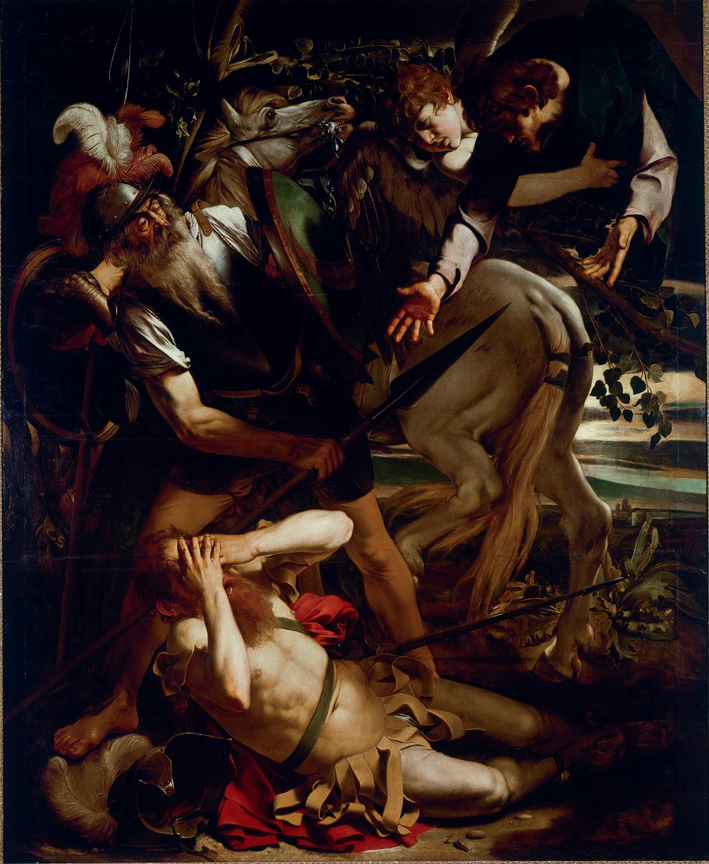 Nawrócenie św. Pawła. Obraz Michelangelo Merisi dit Il Caravaggio (The Caravaggio) (1571-1610) 1594-1596 Wymiary 237x189 cm Kolekcja Odescalchi Balbi, Rzym - Nawrócenie św. Pawła, autorstwa Michelangelo Merisi aka Il Caravaggio (1571-1610). Olej autorstwa Michelangelo Merisi da Caravaggio