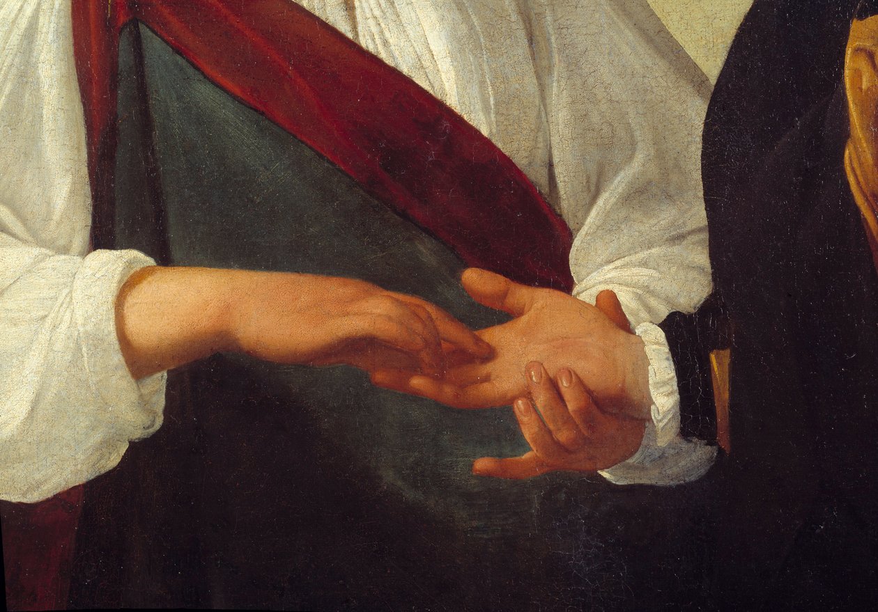 Wróżka Detal przedstawiający rękę klienta wyciągniętą w dłoni kobiety, która czyta linie jego dłoni. Obraz Michelangelo Merisi da Caravaggio dit Le Caravaggio (ok. 1571-1610) Nd. 0,99x1,31 m² autorstwa Michelangelo Merisi da Caravaggio