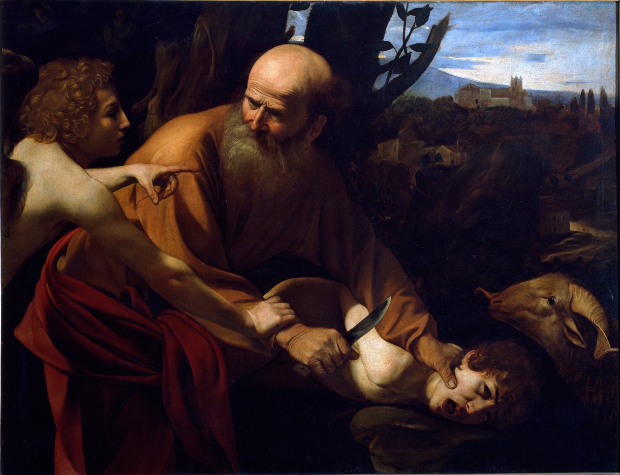 Ofiara Izaaka Anioł trzyma rękę Abrahama przed złożoną przez Pana ofiarą jego syna Izaaka. Obraz Michała Anioła Merisi pt. Caravaggio lub il Caravaggio (1571-1610) 1594-1596 Wym. 104x135 cm Florencja, Galleria degli Uffizi ( autorstwa Michelangelo Merisi da Caravaggio