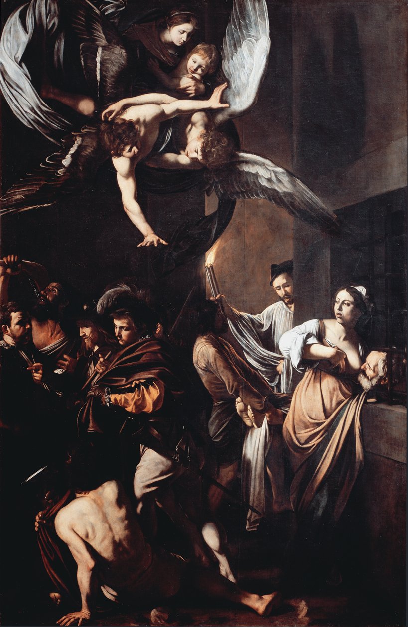 Siedem dzieł misericorde (Sette opere di misericordia). Cimon skazuje na śmierć głodową w więzieniu karmi piersią swoją córkę Pero (Rzymska Organizacja Charity), aw tle mężczyzna niesie płonącą pochodnię, by wyciągnąć zwłoki. Na górze dziewica ma t autorstwa Michelangelo Merisi da Caravaggio