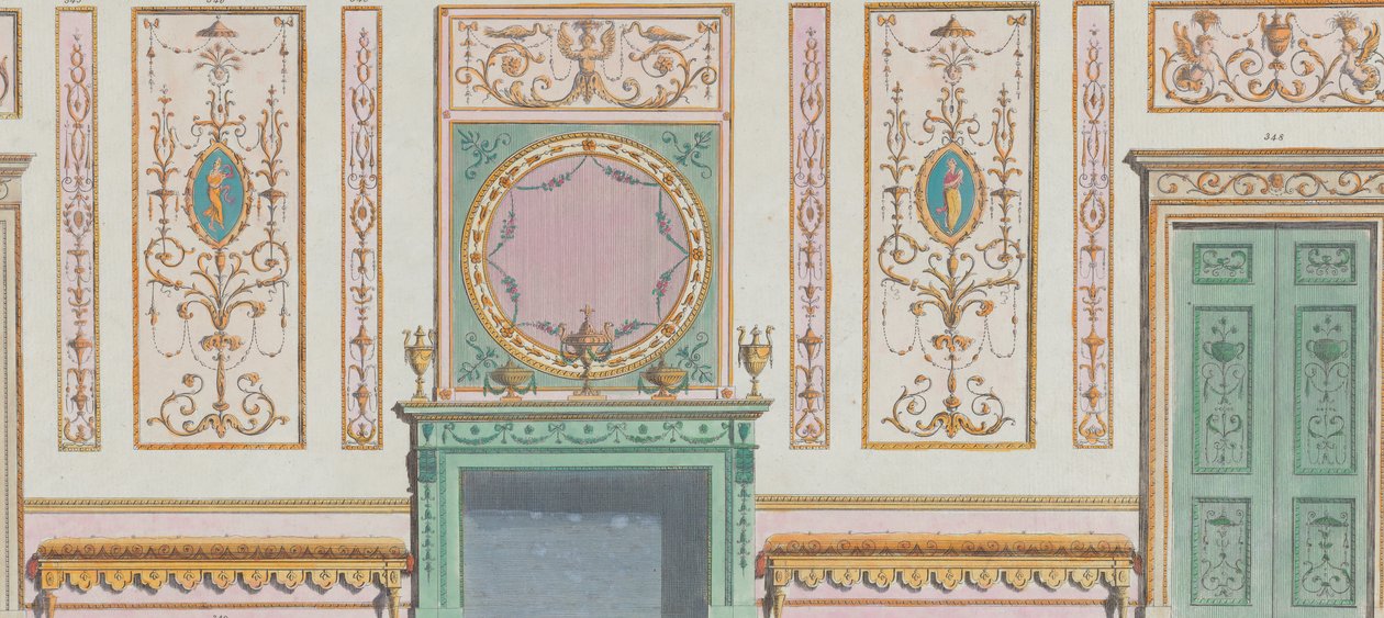 Ozdobna ściana wewnętrzna z drzwiami i kominkiem, nr. 344-350..., 20 marca 1785. autorstwa Michelangelo Pergolesi