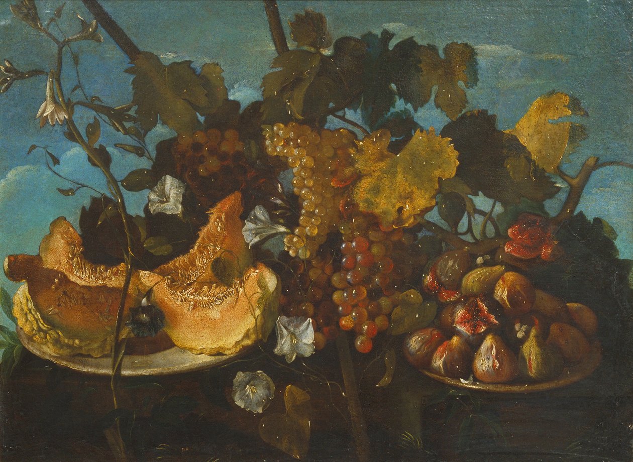 Martwa natura z winogronami, figami i szpikiem autorstwa Michele Pace del Campidoglio