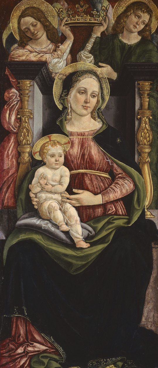 Dziewica z Dzieciątkiem na tronie z dwoma aniołami trzymającymi koronę, 1505-15 autorstwa Michele Ciampanti