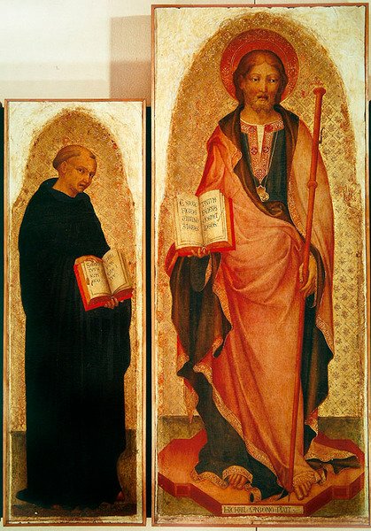 Święty Jakub ze świętymi, fragment św. Jakuba i Filippo Benizzi, ok. 1450 (tempera na desce ze złotem) (detal z 256989) autorstwa Michele Giambono