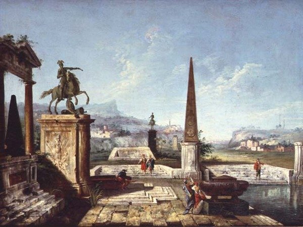 Capriccio klasycznych zabytków, obelisk z żołnierzami przy basenie i za górami (olej na płótnie) autorstwa Michele Marieschi