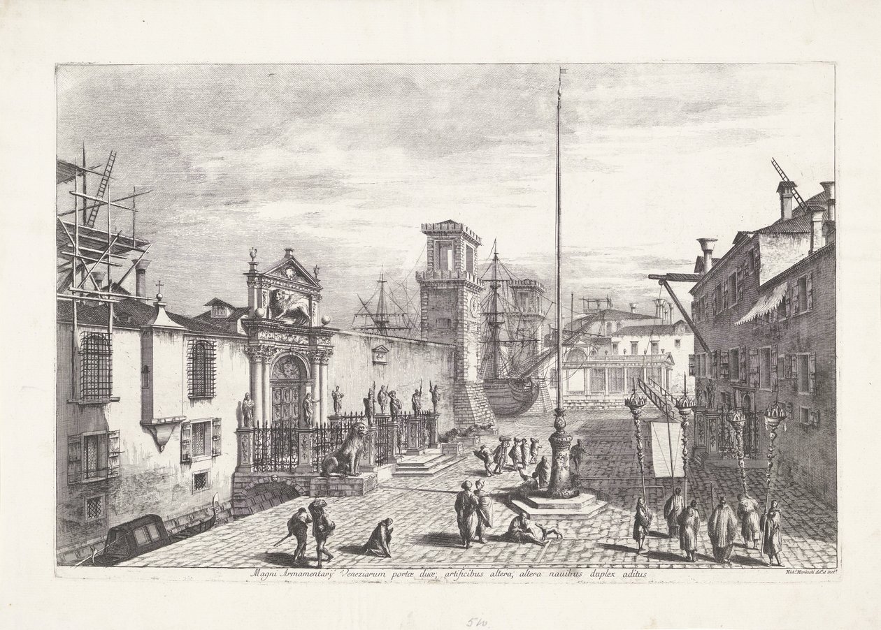 Porta Magna van het Venetiaans Arsenaal Dwie bramy Wielkiego Arsenału Wenecji (...) (tytuł na obiekcie) Gezichten op Venetië (tytuł serii) Wspaniałe i wybrane widoki Wenecji (tytuł serii) autorstwa Michele Marieschi