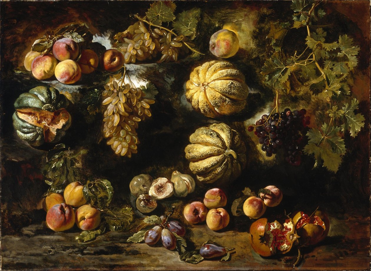 Martwa natura z melonami, brzoskwiniami, figami i winogronami autorstwa Michele Pace del Campidoglio