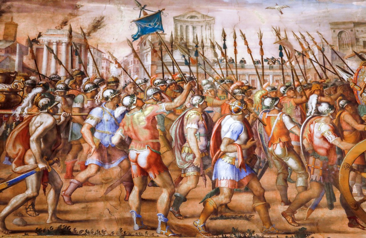 Triumf konsula Lucjusza Emiliusza Paulusa nad Perseuszem królem Macedonii (detal), ok. 1570 (fresk) autorstwa Michele and Rocchetti Jacopo Alberti