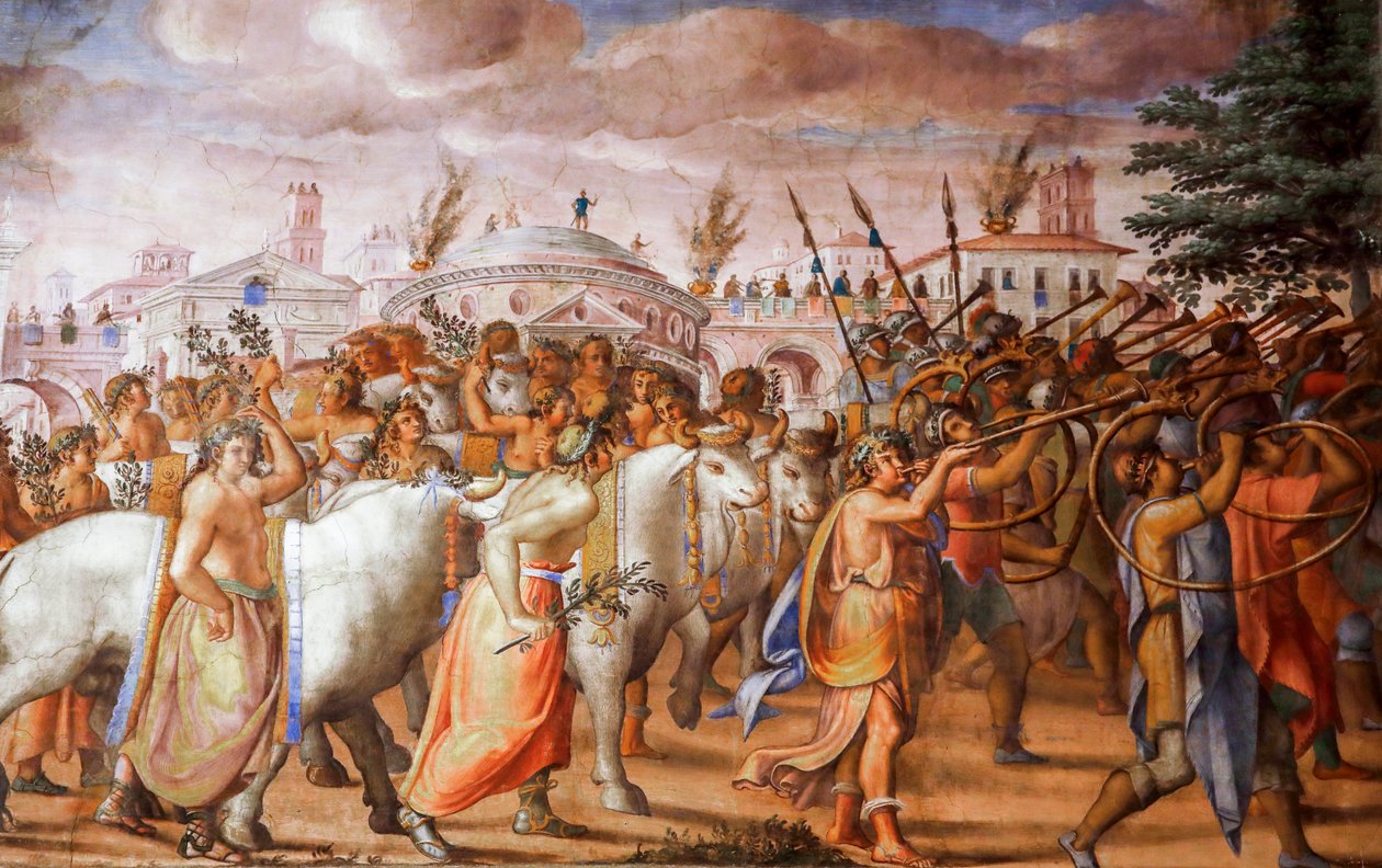 Triumf konsula Lucjusza Emiliusza Paulusa nad Perseuszem królem Macedonii (detal), ok. 1570 (fresk) autorstwa Michele and Rocchetti Jacopo Alberti