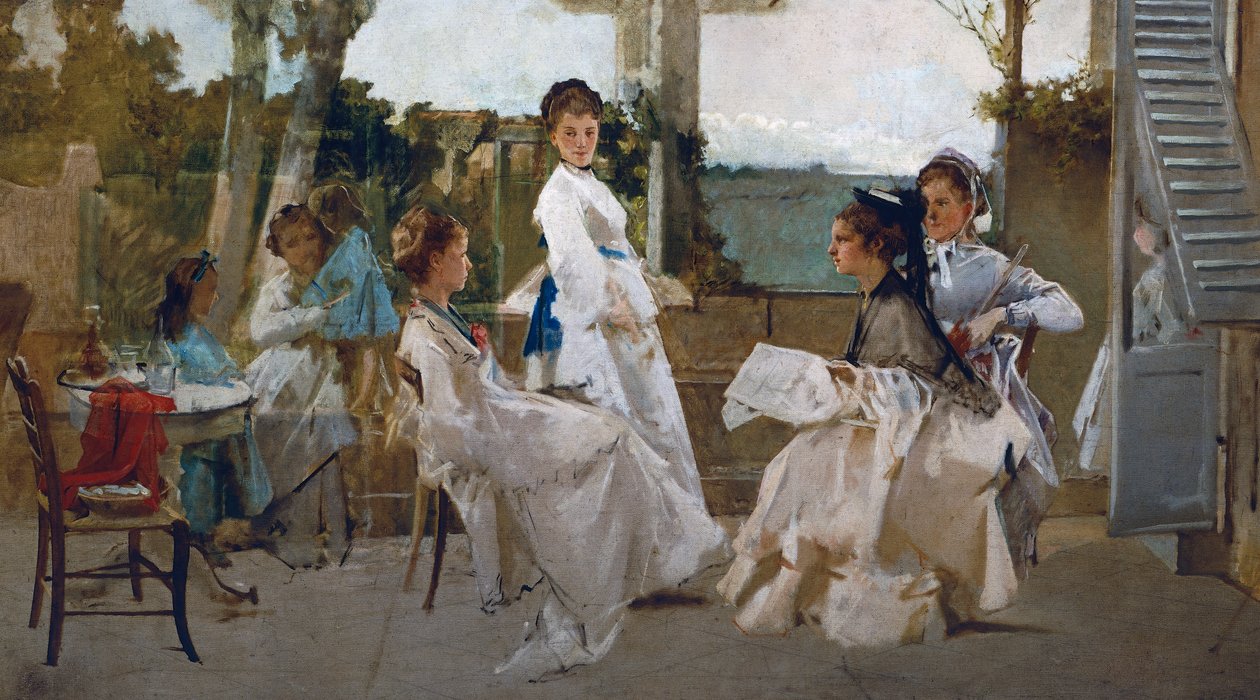 Pod pergolą, obraz Michele Tedesco (1834-1917), olej na płótnie, 81x139 cm, Włochy autorstwa Michele Tedesco