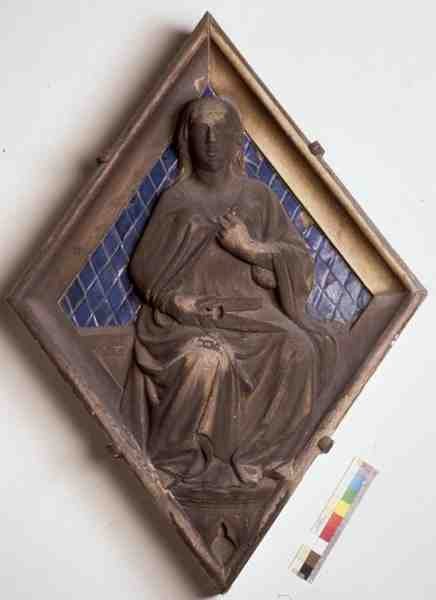 Logiczna, reliefowa płytka z Campanile (marmurowa i ceramiczna) autorstwa Micheli Gino