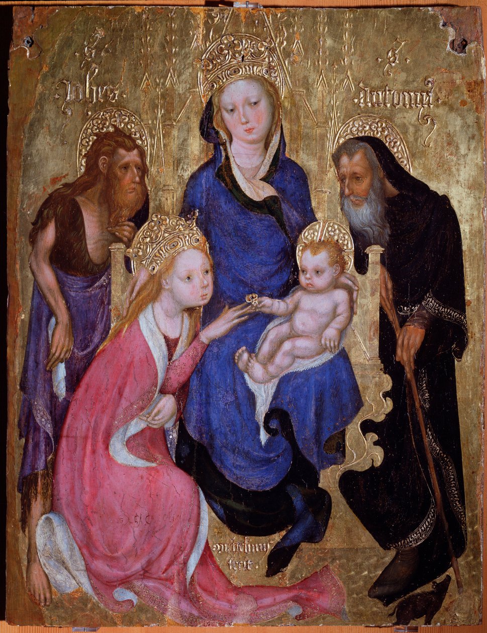 Mistyczne zaślubiny św. Katarzyny ze świętymi Janem Chrzcicielem i Antonim Egipskim - Malarstwo, ok. 1420 autorstwa Michelino Molinari da (attr. to) Besozzo