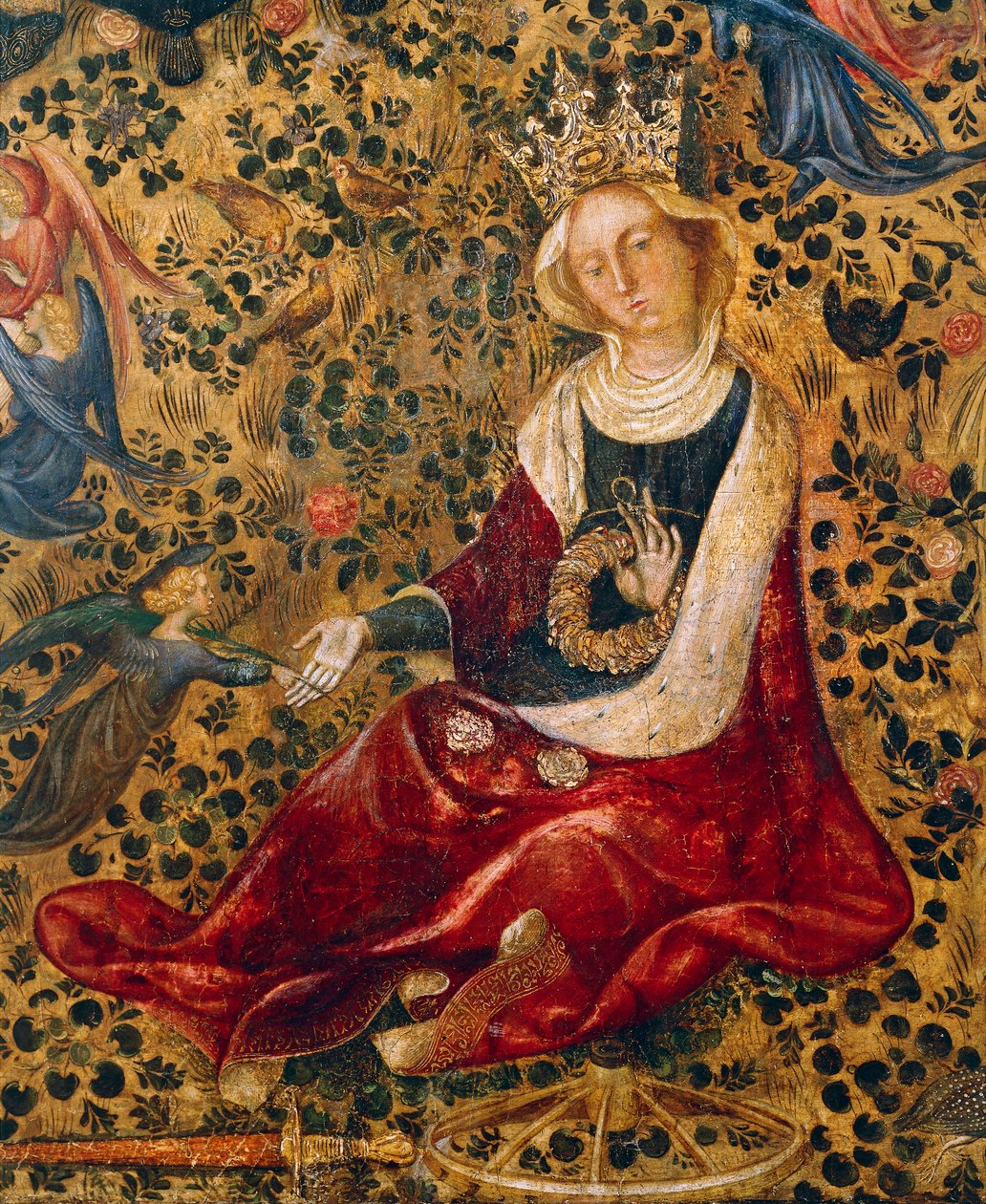 Św. Katarzyna Aleksandryjska, fragment ogrodu Madonny Różanej autorstwa Michelino da Besozzo (ok. 1370-1455) lub Stefano da Verona (ok. 1374-1438), tempera na desce, 63x42 cm autorstwa Michelino Molinari da Besozzo