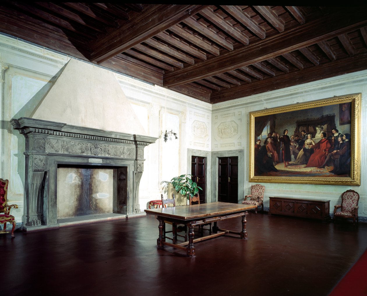 Wnętrze z kominkiem z XV wieku, Villa Medicea di Careggi autorstwa Michelozzo di Bartolommeo
