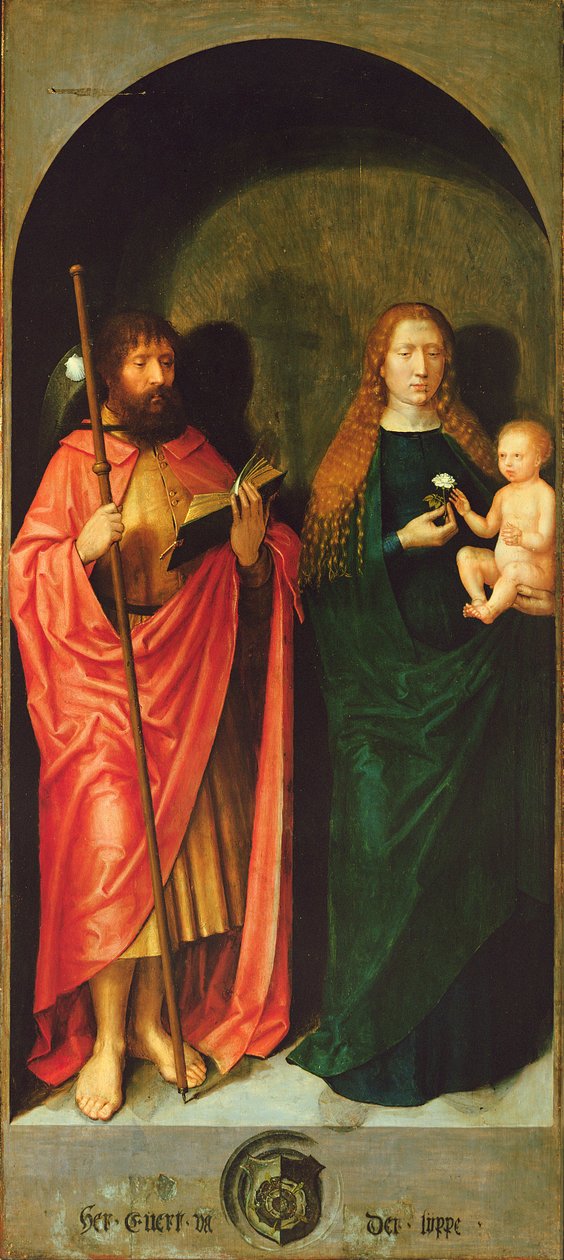 Madonna z Dzieciątkiem z Apostołem Jakubem Starszym z lewego skrzydła zewnętrznego ołtarza św. Antoniego, ok. 1517-18 (olej i tempera na panelu) autorstwa Michiel Sittow