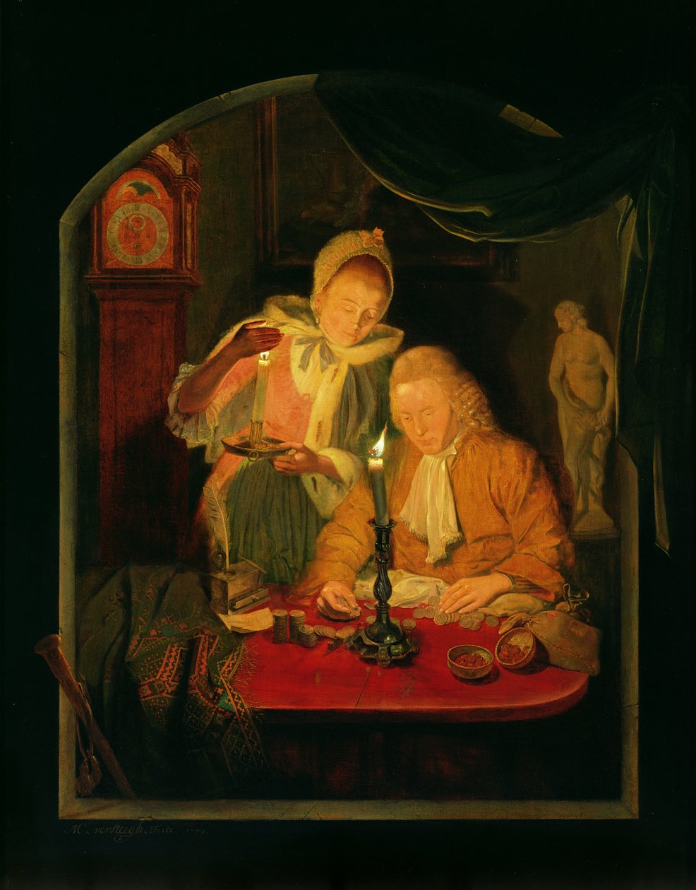 Para licząca pieniądze przy świecach, 1779 (panel) autorstwa Michiel Versteegh