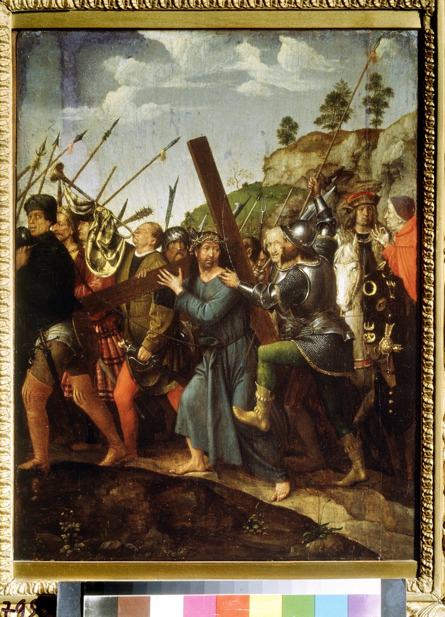 Chrystus dźwigający krzyż. (Chrystus niosący krzyż). Obraz Michaela Sittowa (1460 lub 1468-1525). Olej na płótnie, 37,5 x 28,3 cm, ok. 1518-1525. Sztuka holenderska, renesans. Muzeum Sztuk Pięknych im. Puszkina w Moskwie. autorstwa Michiel Sittow