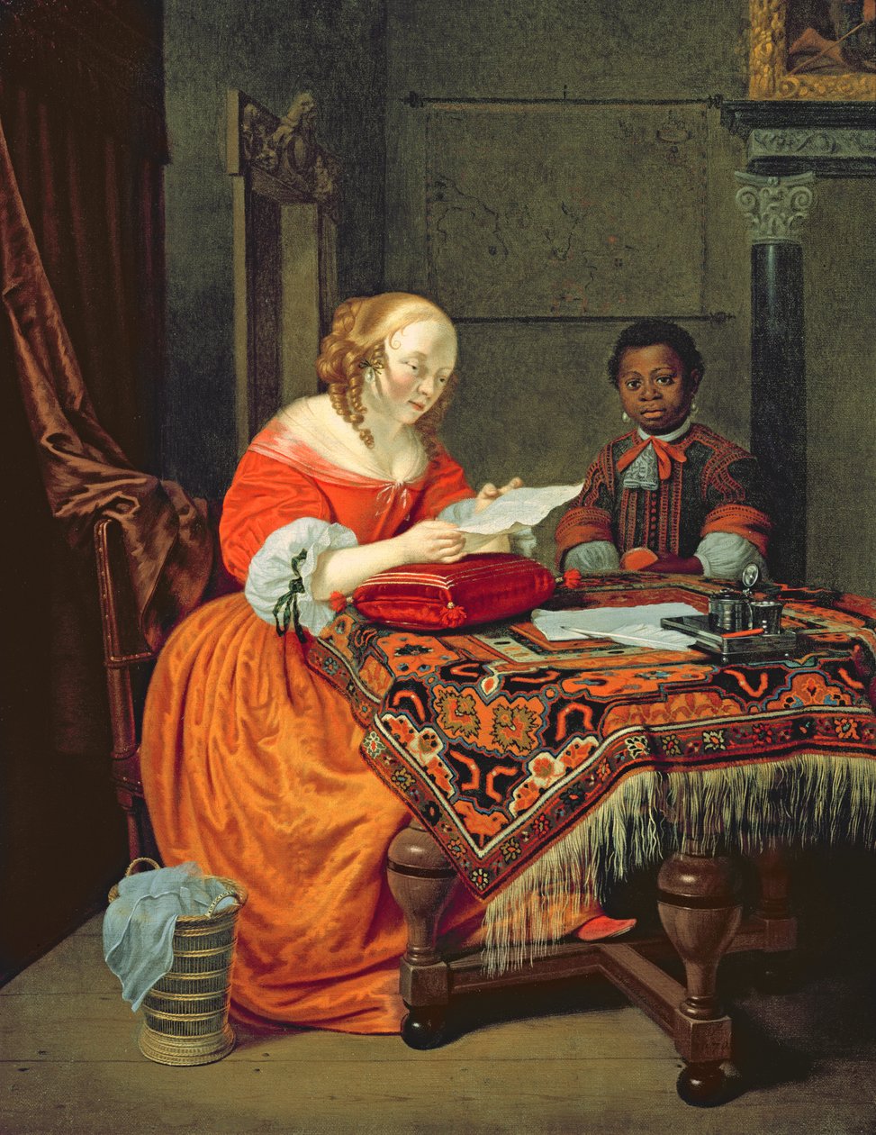 Kobieta czytająca list z czarnym w obecności, 1670 autorstwa Michiel van Musscher