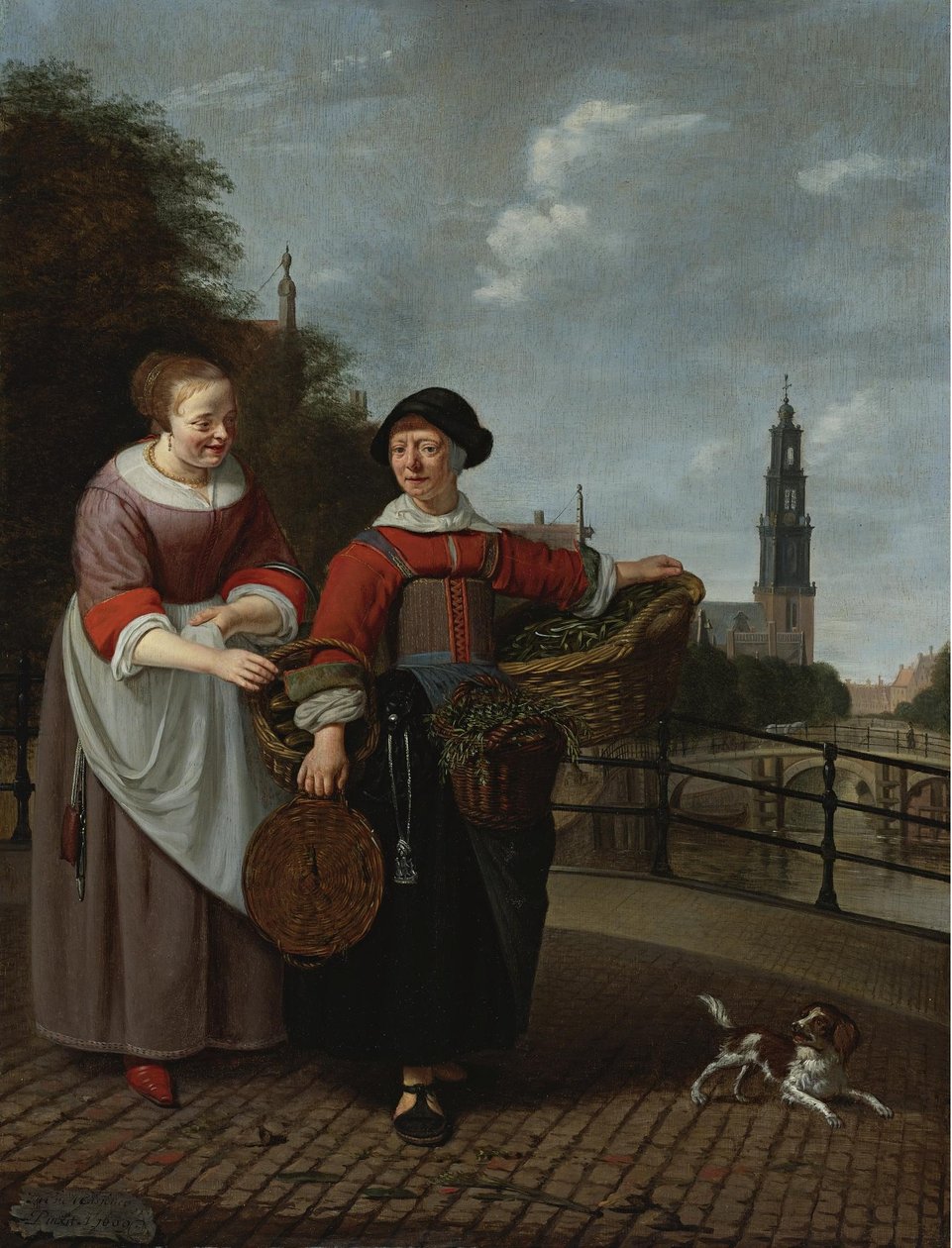 Kobieta sprzedająca warzywa i gospodyni domowa na Eenhoornsluis w Amsterdamie, w tle Westertoren autorstwa Michiel van Musscher