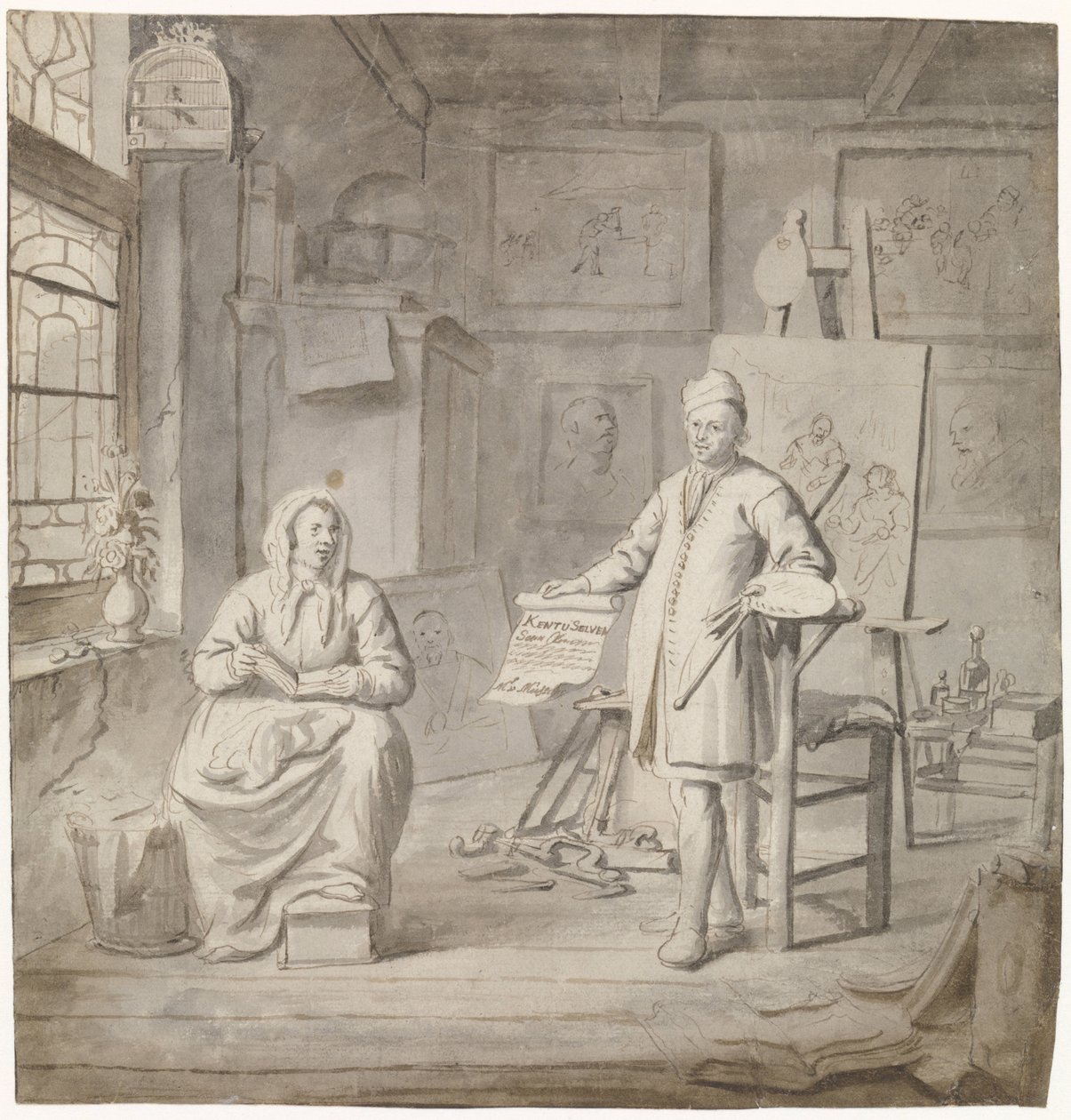 Malarz Michiel Comans i jego trzecia żona Elisabeth van der Mersche w pracowni autorstwa Michiel van Musscher