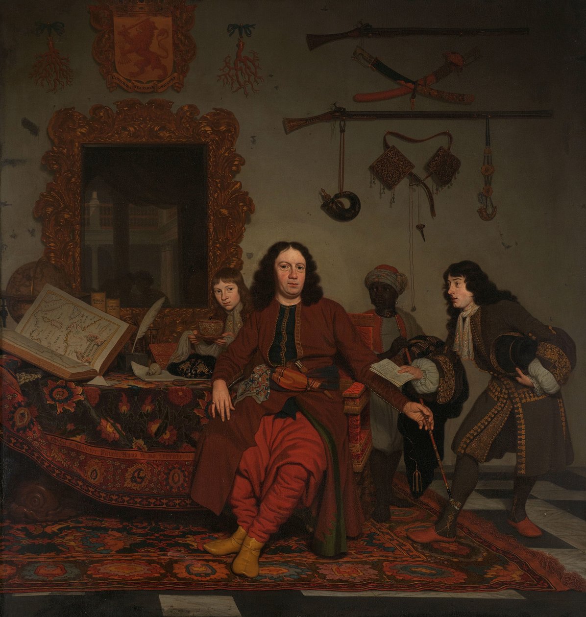 Thomas Hees i jego sługa Thomas i bratankowie Jan i Andries Hees Portret Thomasa Heesa (ur. 1634/35), rezydenta i komisarza stanów generalnych przy rządach Algieru, Tunisu i Trypolisu, z jego siostrzeńcami Janem (ur. 1670/71) i Andriesem (ur. 1). autorstwa Michiel van Musscher