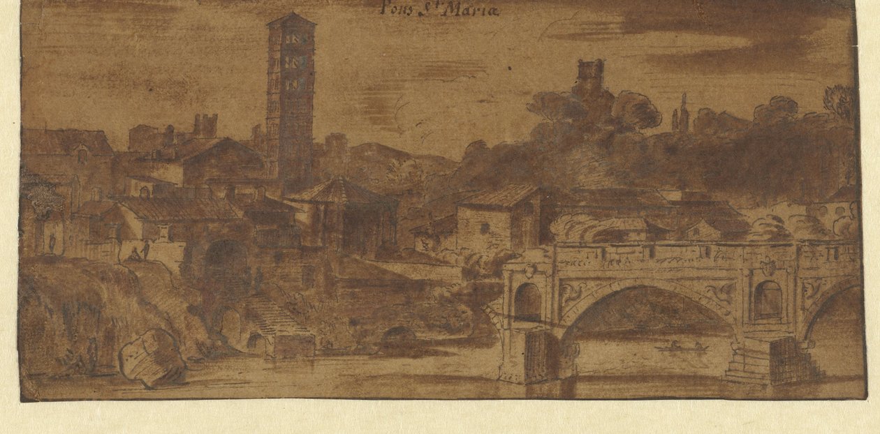 Widok S. Maria in Cosmedin, Świątynia Westy i Ponte S. Maria w Rzymie autorstwa Michiel van Overbeek