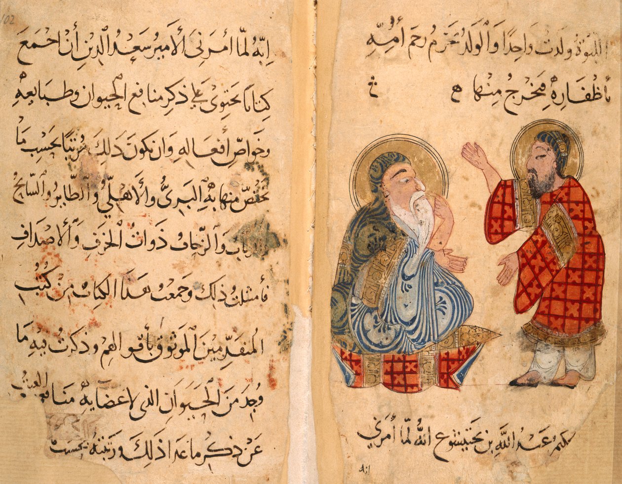 Lub. 2784, ff.101-101v Strona tekstu i obok, Ibn Bakhtishu i uczeń, ilustracja z "Kitab Na