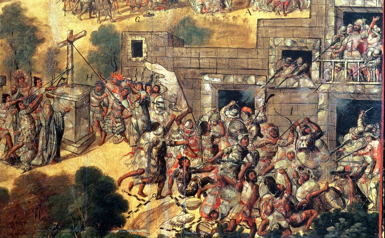 Szczegół próby zburzenia krzyża w obliczu bożków, rzucania kamieniami i strzałami przeciwko Montezumie (1466-1520) 1698 (olej na desce) autorstwa Miguel Gonzalez