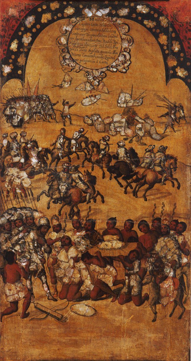 Podbój Meksyku, Panel II, ok. 1696-1715 (malowanie na drewnie) autorstwa Miguel Gonzalez