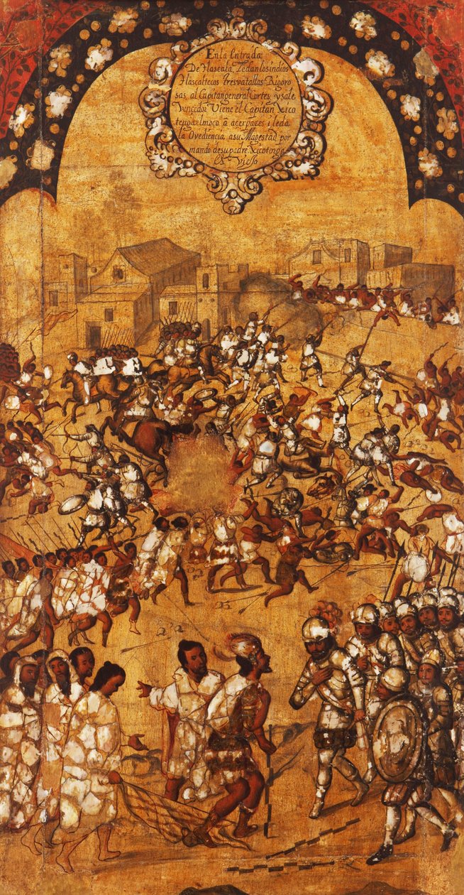 Podbój Meksyku, Panel V, c.1696-1715 (malowanie na drewnie) autorstwa Miguel Gonzalez