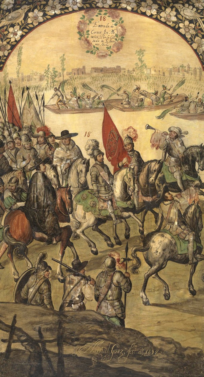 Hernan (ou Hernando) Cortes ou Fernand Cortez (1485-1547) et sa suite at au tenochtitlan (mexique) - Podbój Meksyku autorstwa Hernana Cortesa par Gonzaleza, Miguela i Juana (aktywny koniec XVII w.). Olej na drewnie, rozmiar : 97x53 autorstwa Miguel and Juan Gonzalez