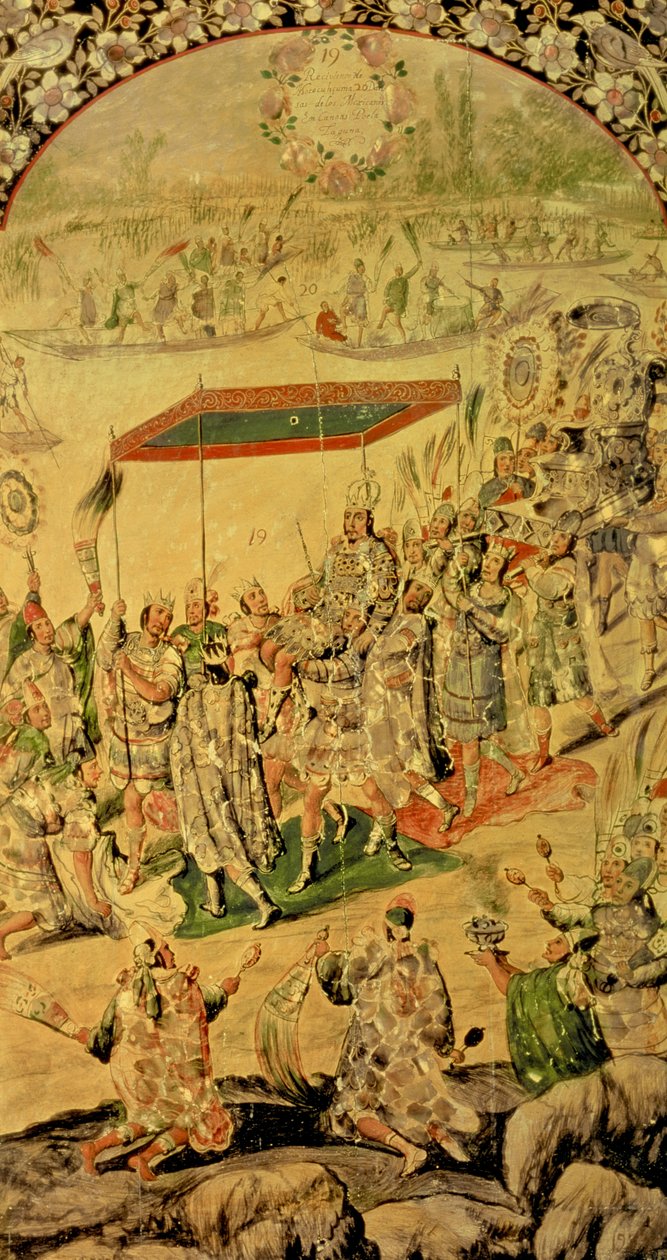 Jeden z pary plansz przedstawiających spotkanie Hernando Cortesa (1485-1547) i Montezumy (1466-1520): Montezuma i jego zwolennicy, 1698 autorstwa Miguel and Juan Gonzalez