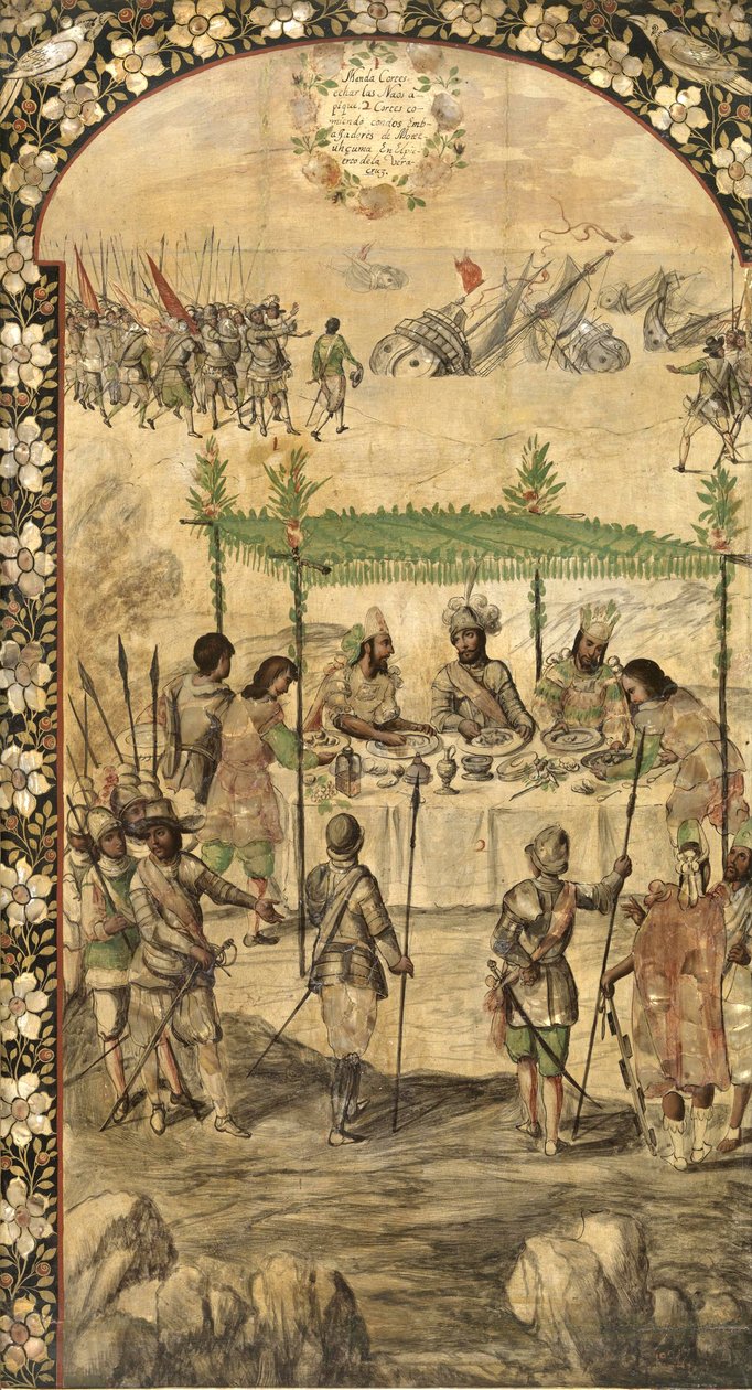 Nakazuje zniszczenie statków i spotyka się z ambasadorami Montezumy (Moctezuma, Moteuczoma, Motecuhzoma) (1466-1520) w 1520 r. - Podbój Meksyku przez Hernana Cortesa par Gonzaleza, Miguela i Juana (aktywny koniec XVII w.). Olej na drewnie, rozmiar : autorstwa Miguel and Juan Gonzalez